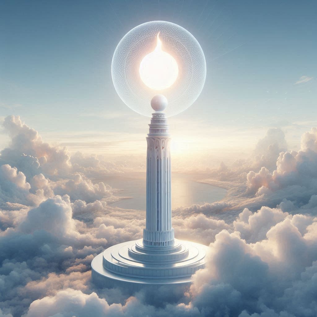 Accueil a tall white tower inspired by sacred geometry, radiating a gentle spiritual presence. at its summit